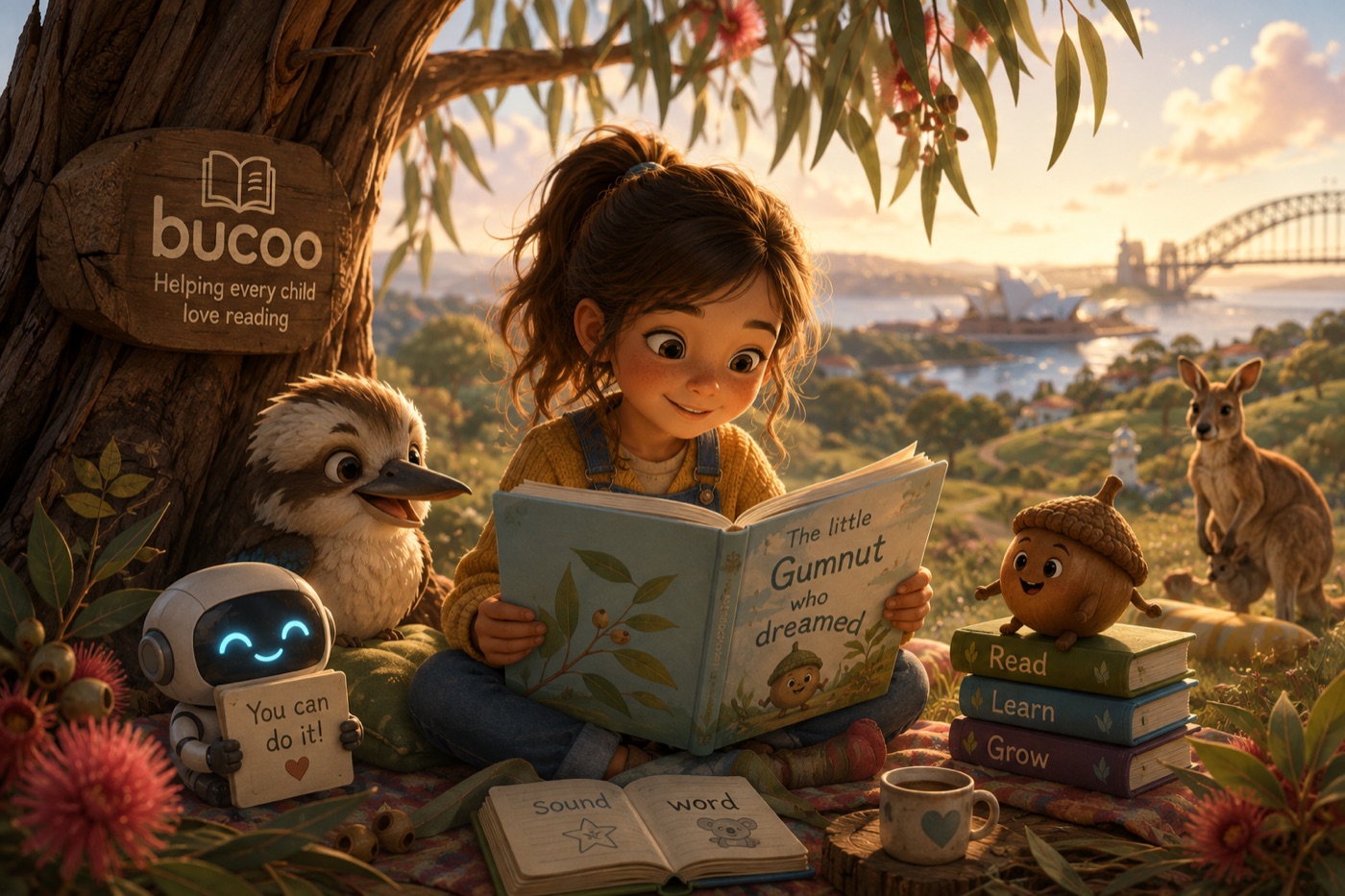 A young girl reads a Gumnut storybook under a gum tree at golden hour with her friendly bucoo reading coach, a kookaburra and a kangaroo, Sydney Harbour behind.