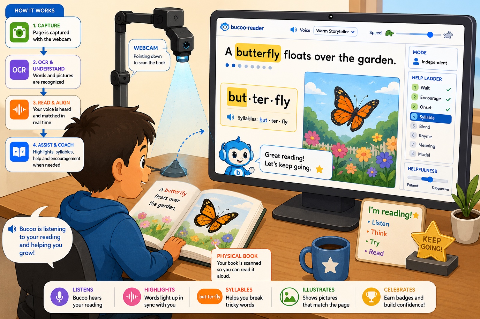 How bucoo works: a child reads a physical picture book aloud while a webcam scans the page; on screen bucoo highlights each word, breaks 'butterfly' into but-ter-fly, sounds it out and blends it, following a patient decode-first help ladder, and the coach cheers 'Great reading — let's keep going'.
